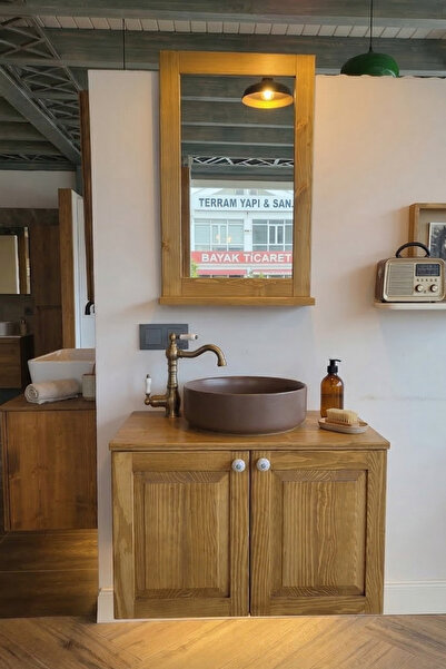 AdnDesing Masif Doğal Ahşap Banyo Dolabı Seti - Su Geçirmez Cilalı & 70cm Ayn...