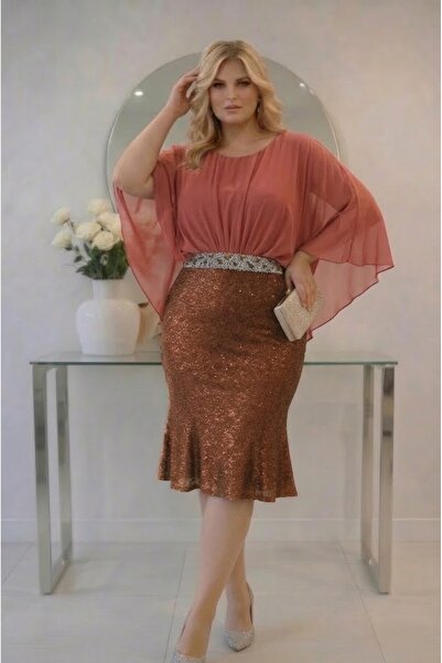 Donna Miranda Büyük Beden Midi Abiye Elbise Drapeli Şifon Üstlü Taşlı Bel Det...