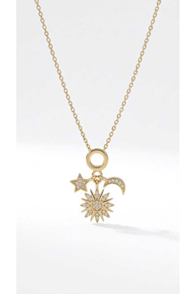 Meyra Accessories meyra 316L Zirkon Taşlı Gök Yüzü Temalı Güneş ve Hilal Figürlü Gold Charm çelik kolye paslanmaz