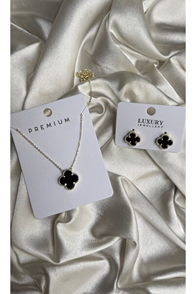 ADENNA JEWELRY 14K Altın Kaplama Çerçeveli Siyah Dört Yapraklı 2'li Set (Koly...