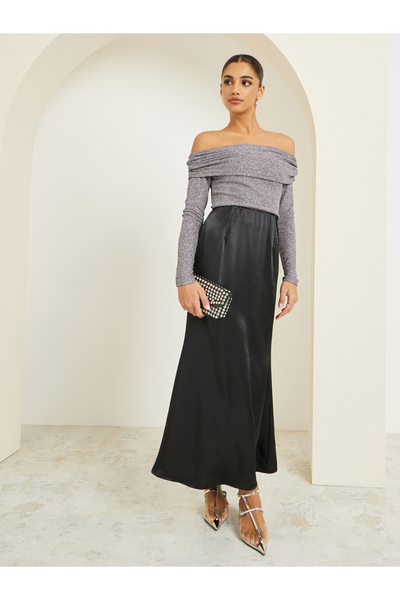 Styli Black Satin A-Line Maxi Skirt