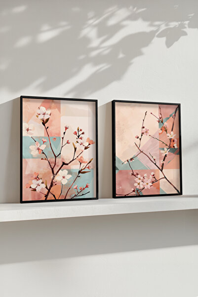 STARYUNA Σετ δύο πινάκων με εικονογράφηση από άνθη κερασιάς και μαύρο ξύλινο ...