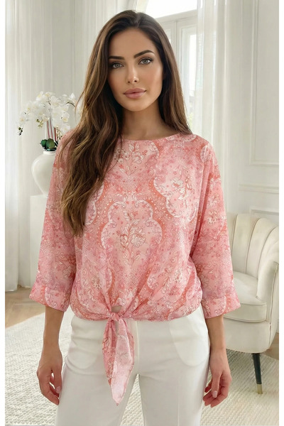 UniqueStore.ro Pink Chiffon Blouse with Ornamental Print - One Size