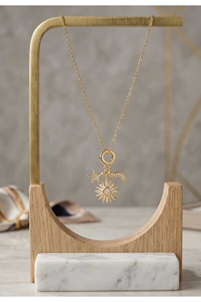 Meyra Accessories meyra 316L Zirkon Taşlı Gök Yüzü Temalı Güneş ve Hilal Figürlü Gold Charm çelik kolye paslanmaz
