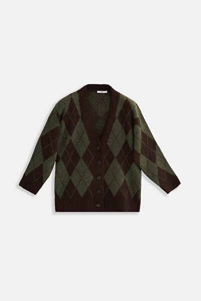 EBU Prive Women's Diamond Pattern V-Neck Cardigan Khaki