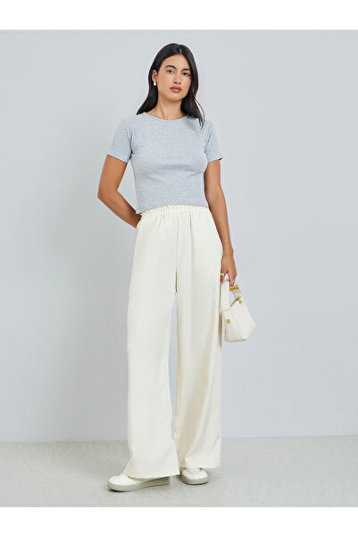 Styli Cream Wide Leg Pants with Pocket
