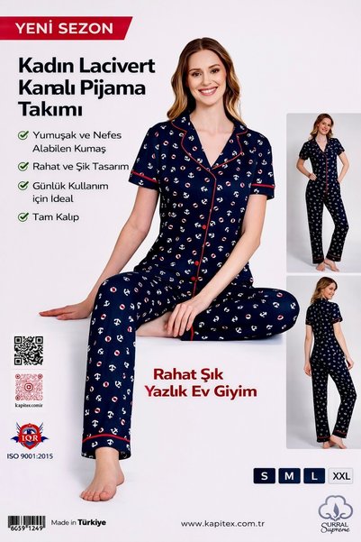 Dinç Spor Women's Navy Blue Patterned Pajama Set Comfortable and Stylish Summ...