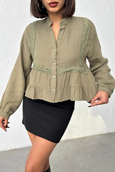 BEJNA Women's Khaki Lace Detailed Muslin Shirt