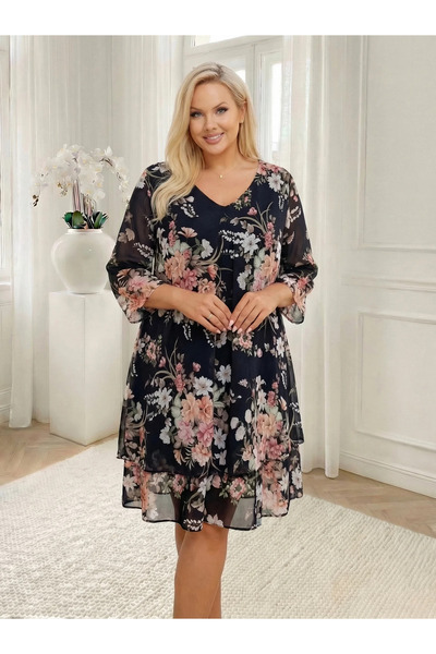 UniqueStore.ro Ρευστό μίντι φόρεμα με Με φλοράλ μοτίβο σε μαύρο φόντο - Ένα μ...