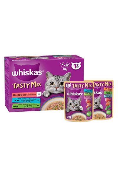 Whiskas طعام رطب للقطط البالغة من عمر سنة فما فوق، تشكيلة "مزيج لذيذ من المأك...