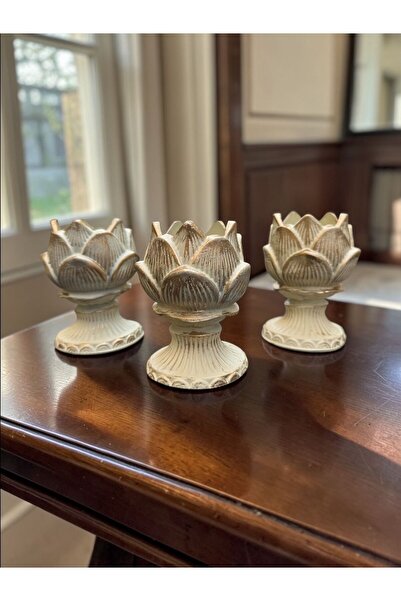 Peramari Dekoratif Polyester Üçlü Sukulent Saksı Enginar Biblo Krem Eskitme