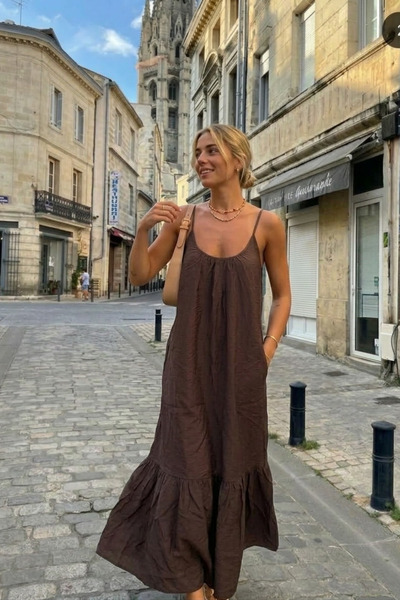 The Champ Clothing Women's Drawstring Collar Strap Long Dress Brown – Pockete...