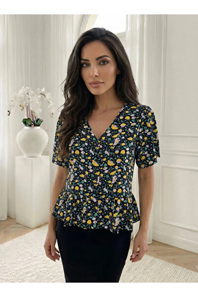 UniqueStore.ro Peplum blouse with V-neck and floral print