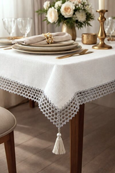 Hevia Home Edge Mesh Pattern Lace Li Tablecloth & Cream Color Edge Lace Patte...
