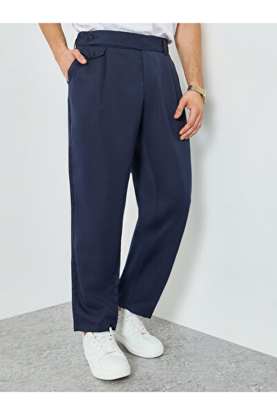 Take Two By Styli Men Navy Blue Pleated Straight Leg Pants