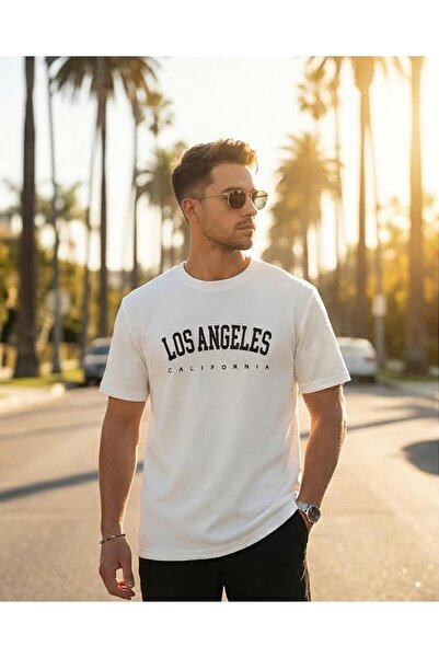 Los Angeles Baskılı Beyaz Erkek T-Shirt
