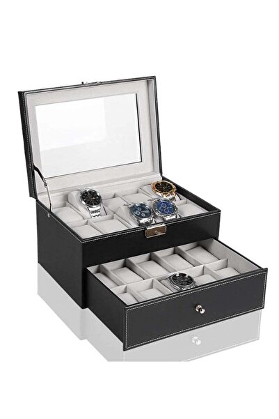 Arabest 20 Slot Watch Box with Lock, 2 Tier Leather Watch Organizer with Glas...