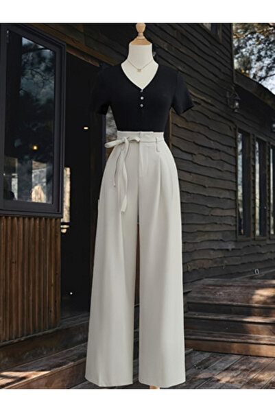 Take Two By Styli Beige Wide Leg Trousers with Tie Waist