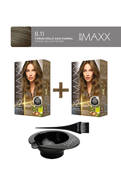 MAXX DELUXE 2'li Beauty Expert Set Boya 8.11 Yoğun Küllü Açık Kumral, Boya Ta...