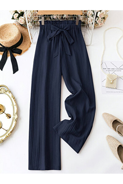 Take Two By Styli Navy Blue Textured Straight Leg Pants