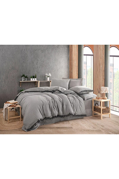 Hobby Σετ Παπλωματοθήκης με Ιδιωτική Νήματα Βαμμένη Ύφανση σε Γκρι Χρώμα