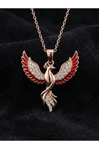 Roza Silver 925 Ayar Gümüş Zümrüdüanka Kuşu Kolye - Rose Gold Kaplama Kırmızı...