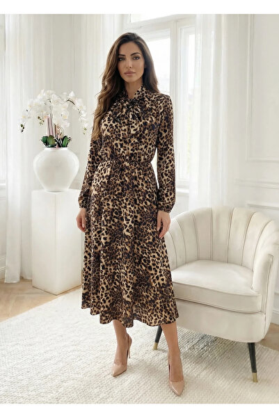 UniqueStore.ro Κομψό μίντι φόρεμα με Με animal print και φιόγκο - Ευέλικτο