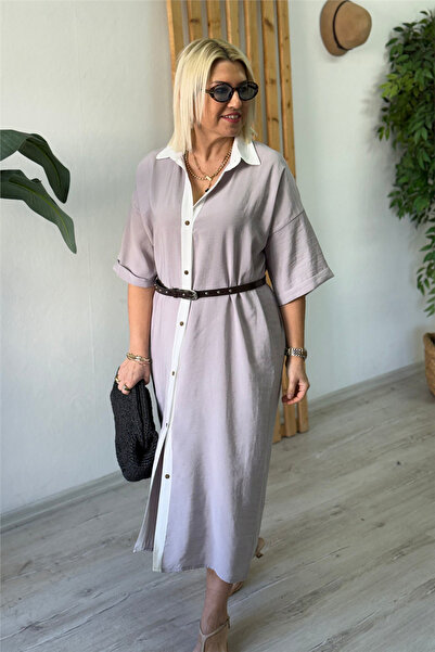 By Esra Celkan رمادي ثنائي اللون تانسل فستان قميصي