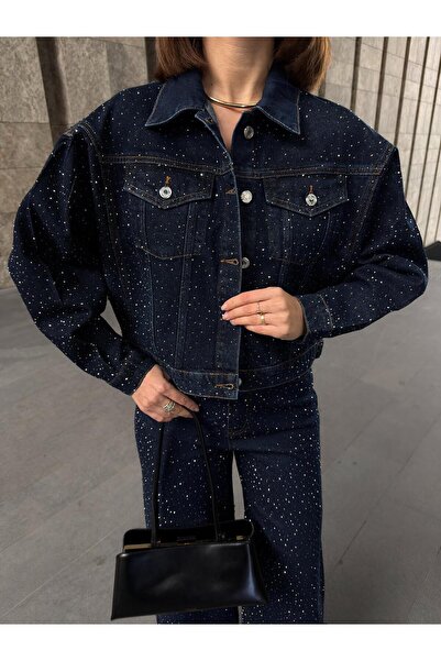 Vooz Set de damă Stoned, Jachetă oversize din denim, Blugi largi, Pantaloni c...