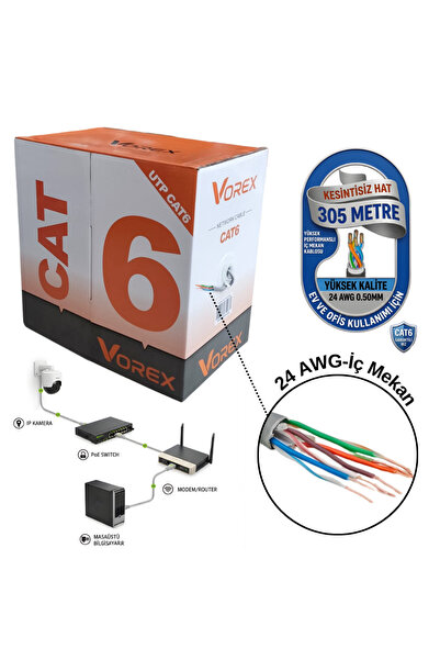 VOREX Cat6 UTP 305 Metre İç Mekan Ethernet Ağ Kablosu - 24 AWG 0.50mm Gri Esn...