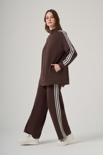 Nuss Zipper Detailed Trouser Suit with Stone Detail 1092 Brown