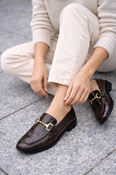 Slipcat Pantofi de damă din piele lacuită loafers Gold cu cataramă Daily Styl...