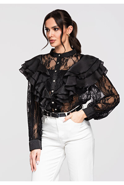 OMBRE Damen Hemd elegant OW-SH-E0007 Bluse mit Spitze Schwarz