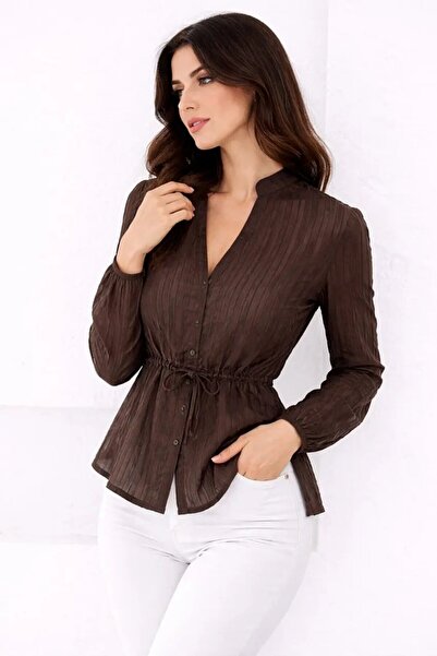 Cool & Sexy Hakim Collar V-Button Blouse Brown