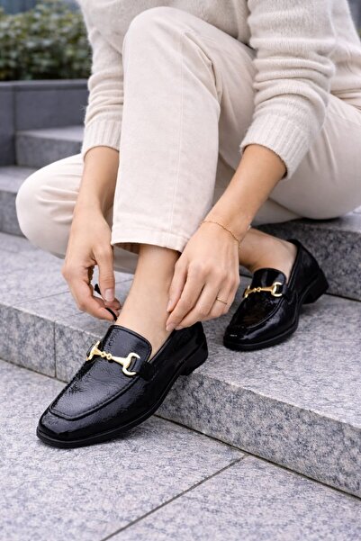 Slipcat Pantofi de damă din piele lacuită loafers Gold cu cataramă Daily Styl...