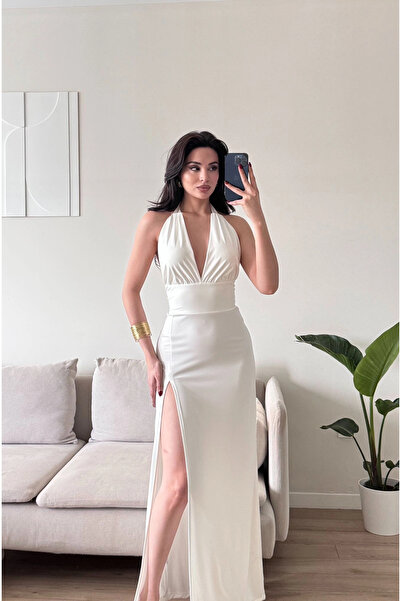 Zoom Butik Halter Yaka Sırt Bağlamalı Yırtmaçlı Maxi Elbise - BEYAZ