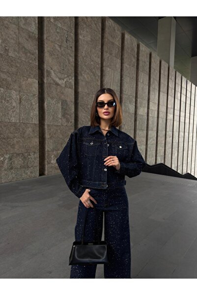 Vooz Kadın Taşlı Takım Denim Oversize Ceket Baggy Jean Yüksek Bel Geniş Paça ...