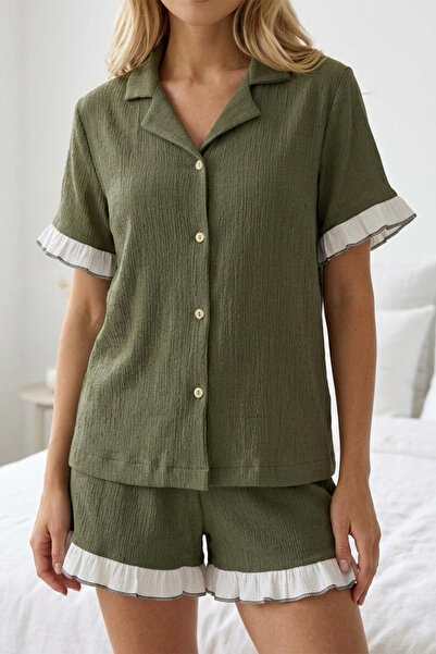 FİT WOMEN Ruffle Detail Wrinkled Fabric Buttoned Short Shorts Pajama Set 6021