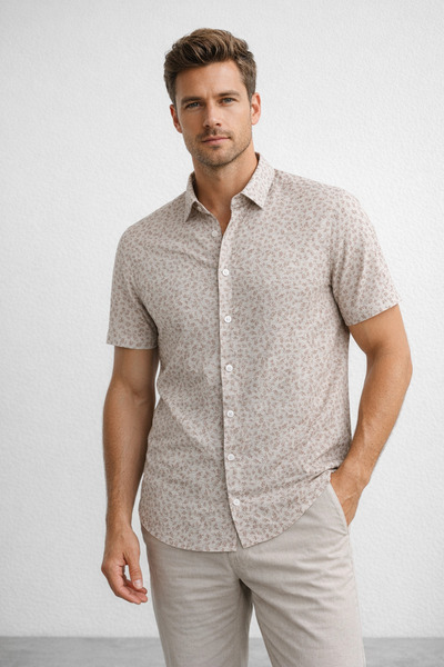 Polo State Men's Beige Floral Print Short Sleeve Regular Fit Summer Shirt, Pa...