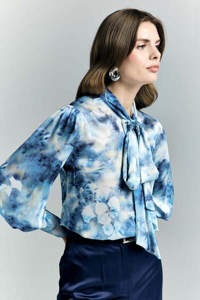 Sateen Patterned Scarf Shirt - Blue