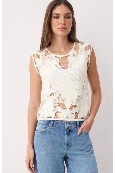 LUSHİGO Women's Ecru Floral Crochet Detailed Knitwear Thin Blouse 009012