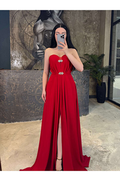 missswans Andriya Önü Tokalı Kalp Yaka Uzun Boy Önü Yırtmaçlı Straplez Abiye ...