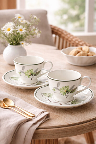 COCEM Set of 2 Green Patterned Porcelain Coffee Cups Stylish Presentation Cup