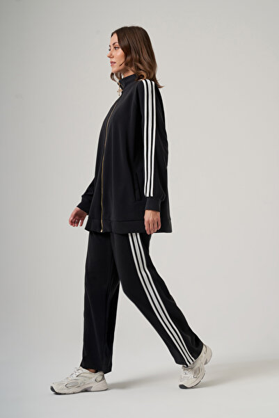 Nuss Zipper Detailed Trouser Suit with Stone Detail 1092 Black