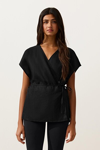 Oysho %100 keten kruvaze bağlamalı gömlek