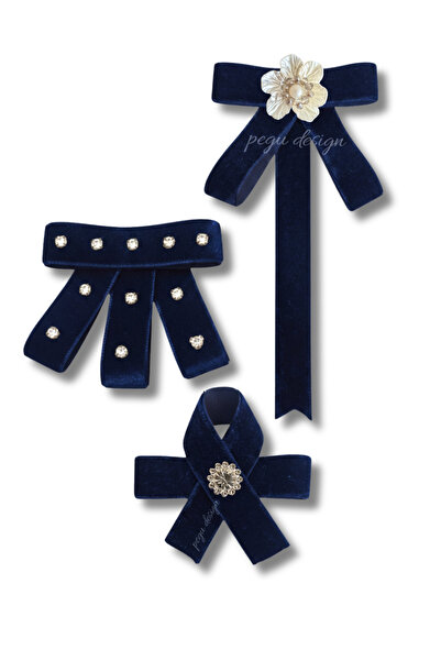 3-piece navy blue VELVET SET HANDMADE CRYSTAL CUT GLASS GEM FLOWER BROOCH ,COLLAR BROOCH
