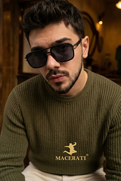 MACERATİ Vesa Unisex Square Black Sunglasses with Black Gold Accessories and ...