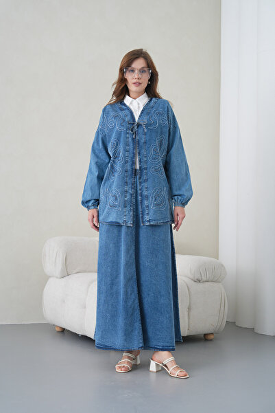 Miss Allos Women's Yakası Tie-Detail Wide Fit Long Denim Kimono with Bead Emb...