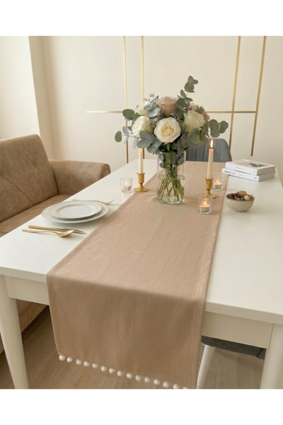 BEKSAHOME Ponponlu Keten Görünümlü Masa Runneri 40x140 Bohem Dekoratif Masa Ü...