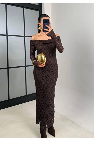 SEEF WOMEN Kadın Kahverengi Madonna Yaka Uzun Dantel Elbise